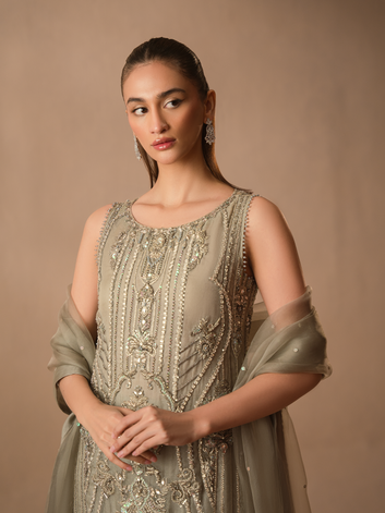 Abeera Usman-Silver Mint  Tassel Silk Fabric Wedding Dress 2-Piece
